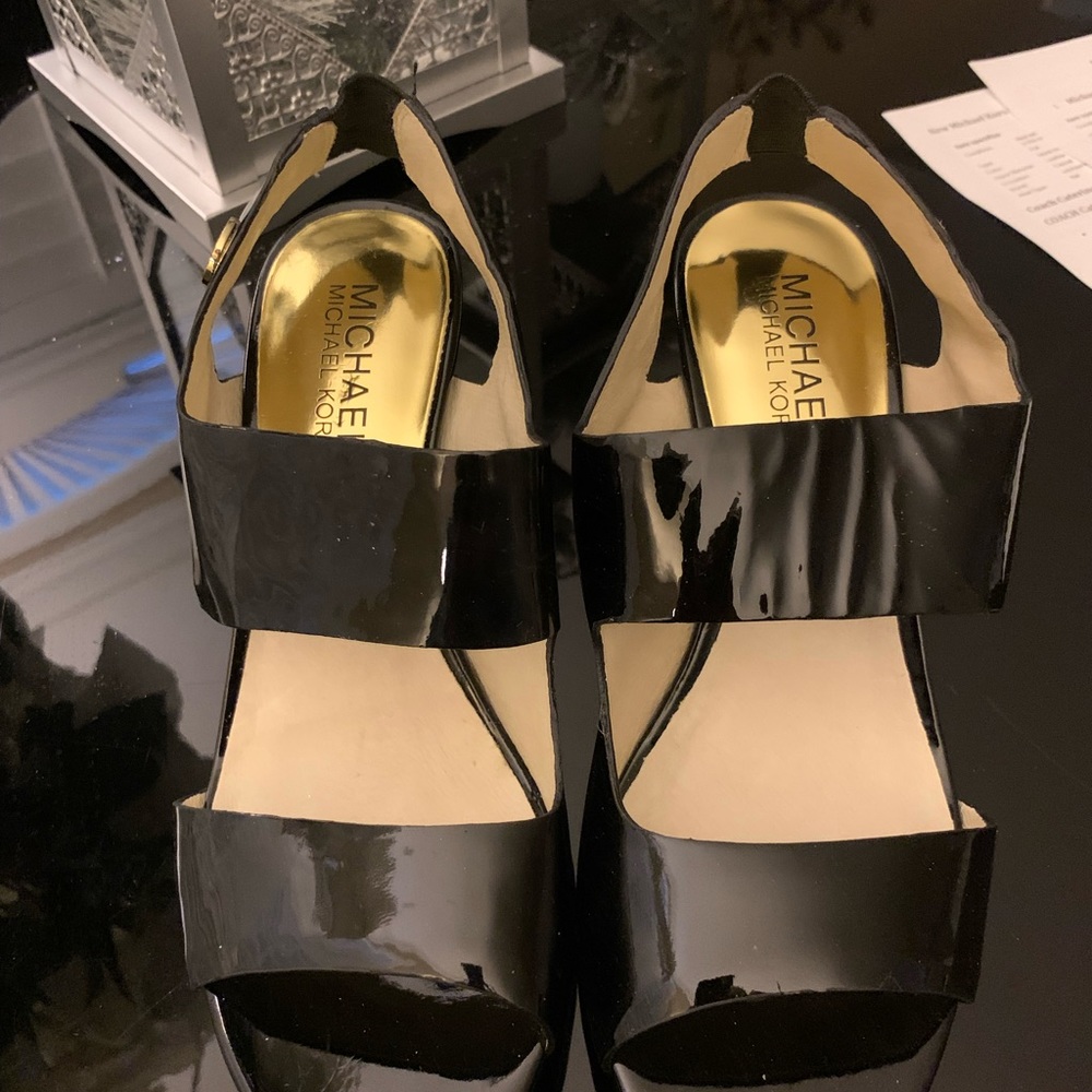 Michael Kors Rochelle Open Toe Black Patent Slingback Heeled Sandals